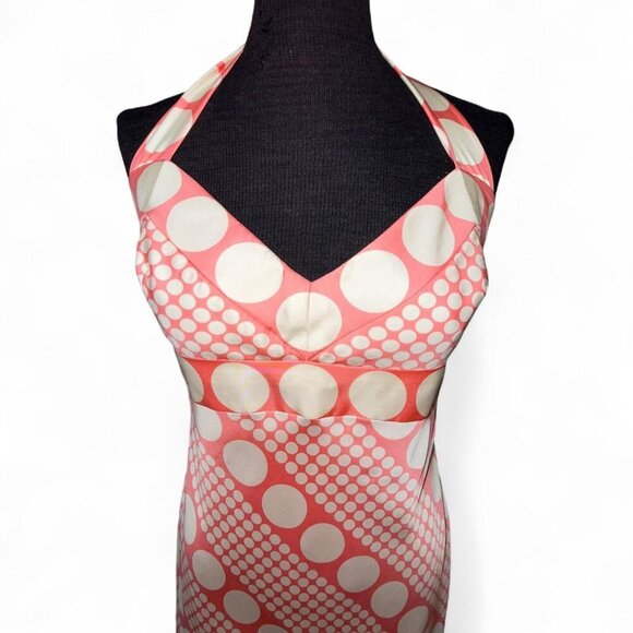Laundry by Shelli Segal Retro Pink Polka dot 100% Silk Halter Fit & Flare Dress - Picture 2 of 8